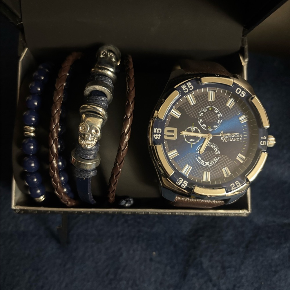 American Exchange Men's Brown Chronograph Watch & 3-pc Stackable Bracelet Set